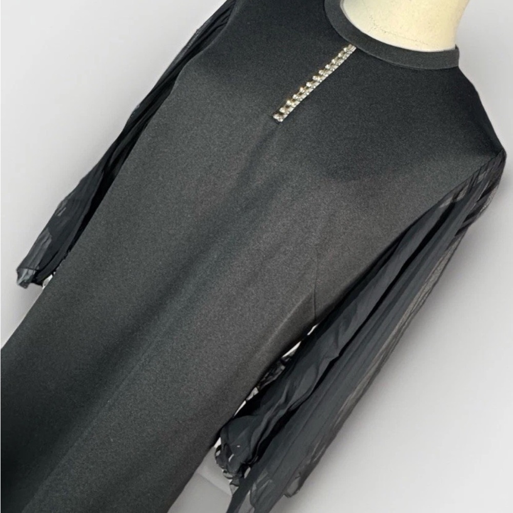 (L) VINTAGE LESLIE POMER Black Maxi Dress with Pleated Sheer Sleeves - Picture 2 of 16